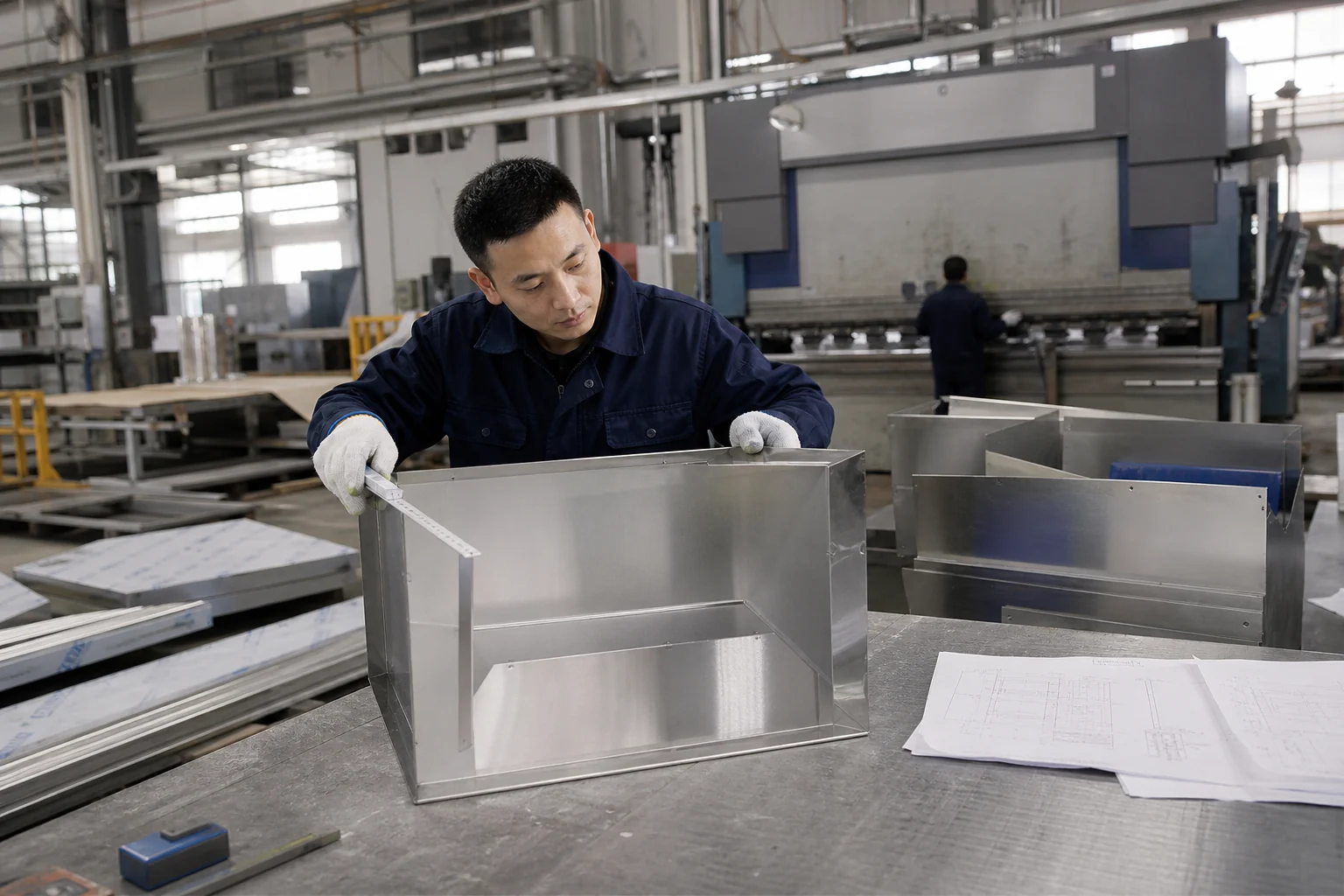 工人在折弯设备旁核对不锈钢厨具部件尺寸