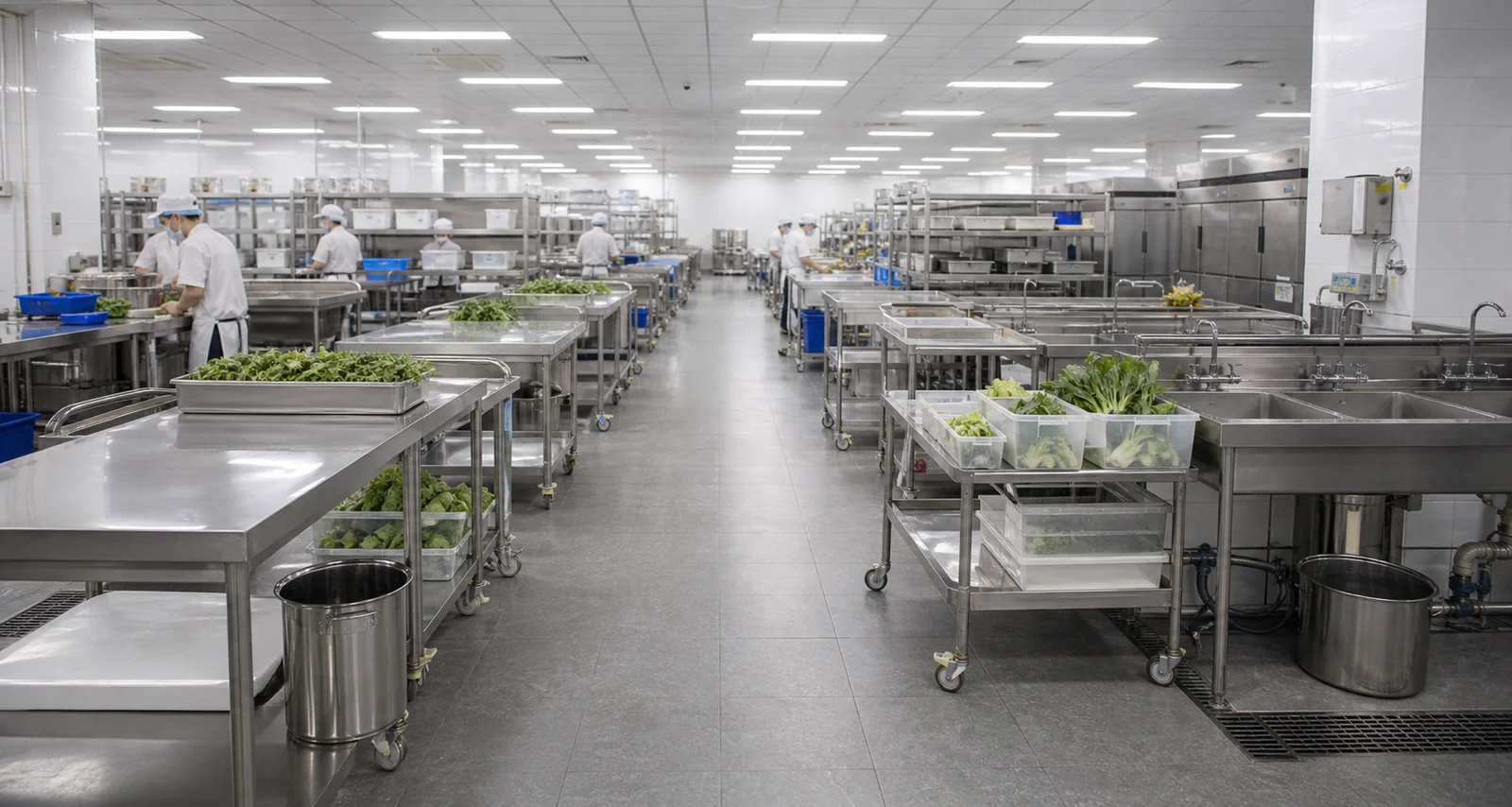 模块化排列的中央厨房不锈钢工作台和水池